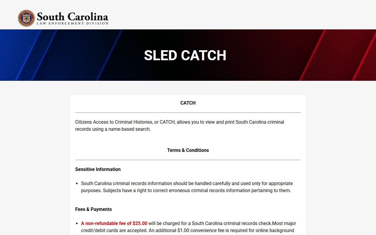 Fairfield County criminal court records SLED CATCH criminal history portal