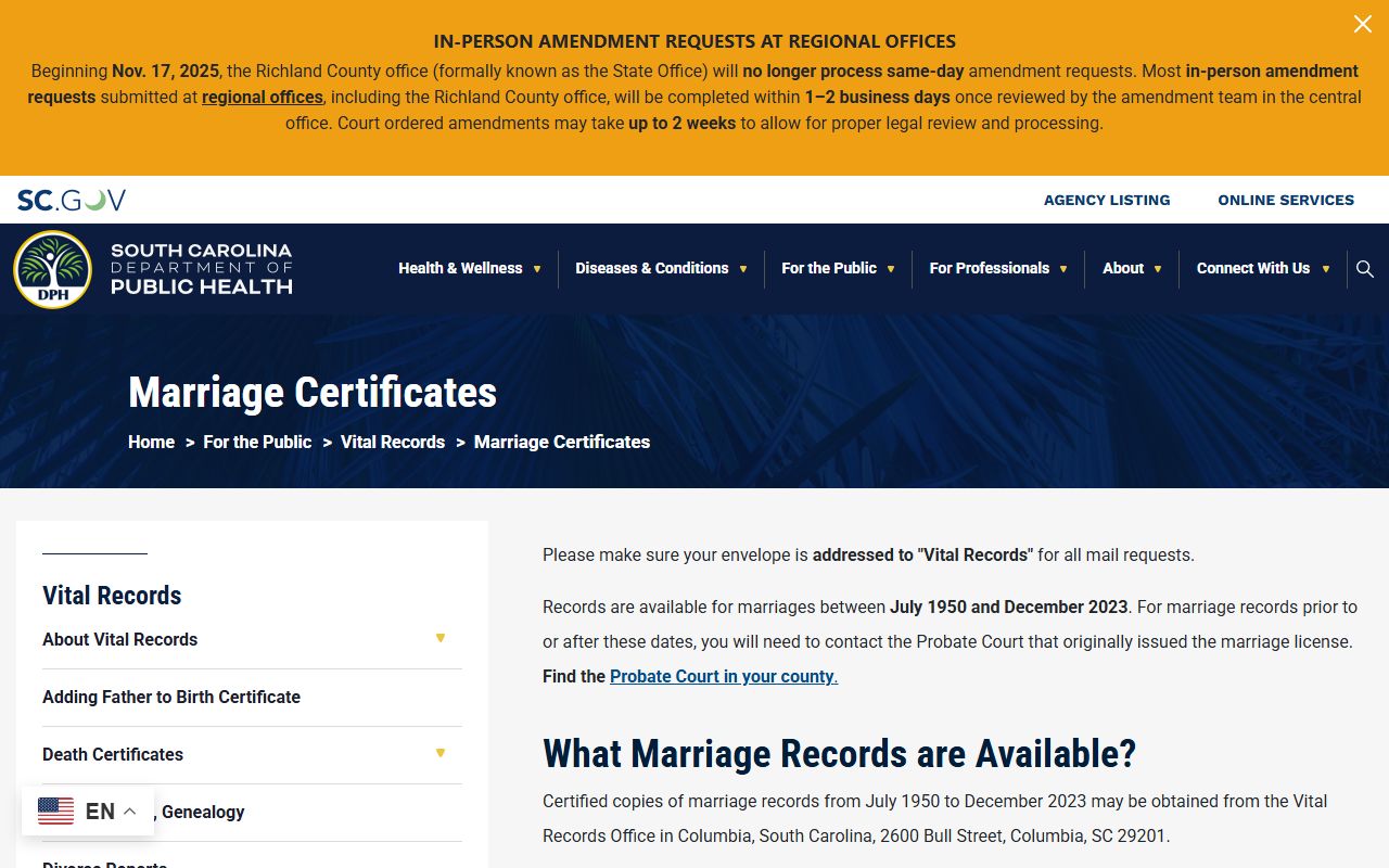 Fairfield County marriage records South Carolina DPH certificate access