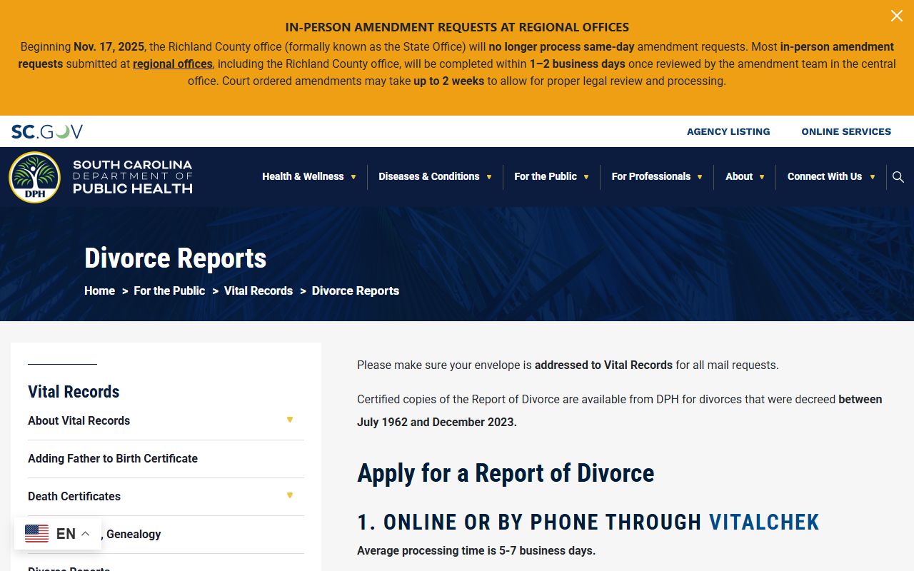 Fairfield County divorce records South Carolina DPH divorce reports