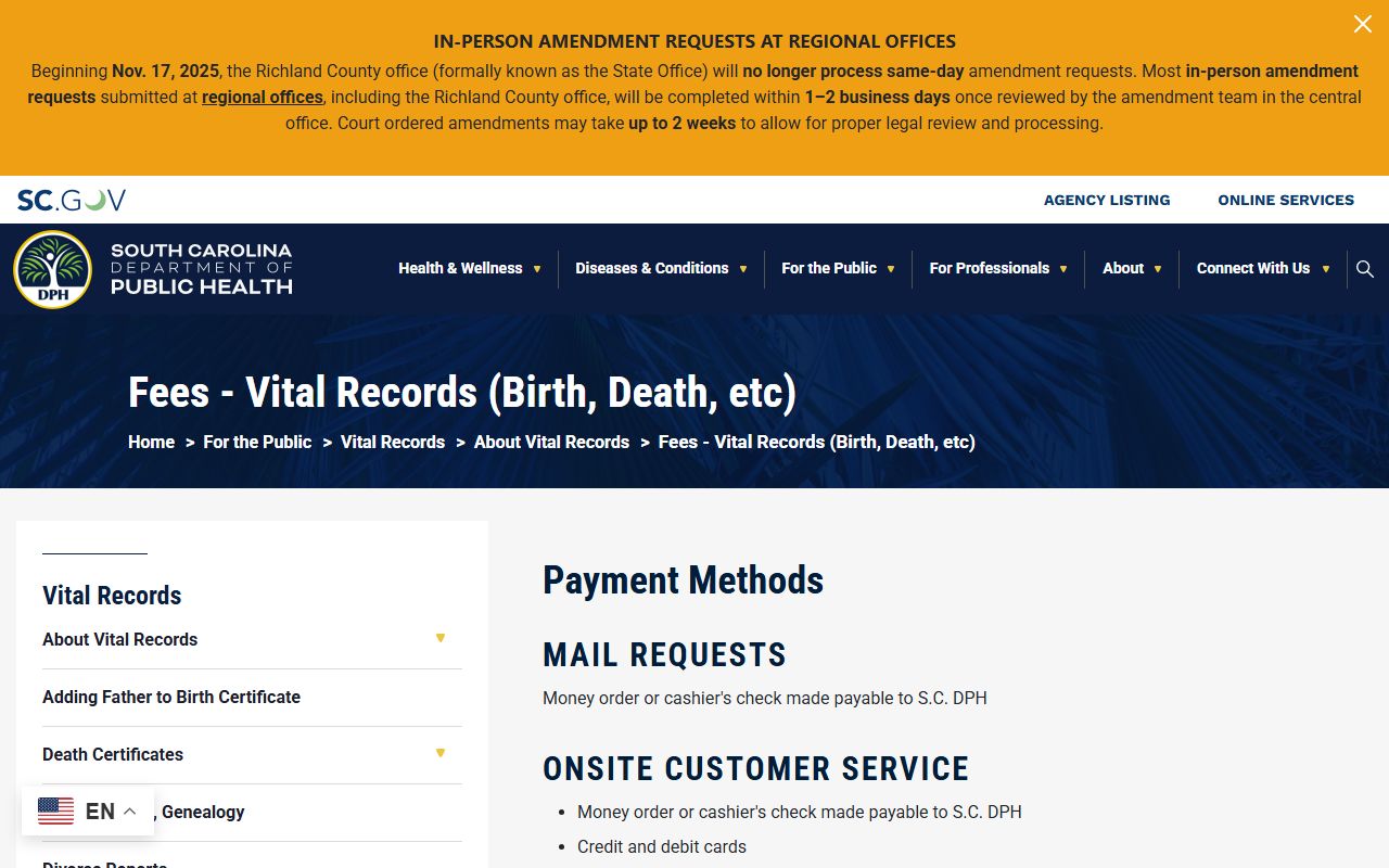Fairfield County marriage divorce records South Carolina DPH fee schedule